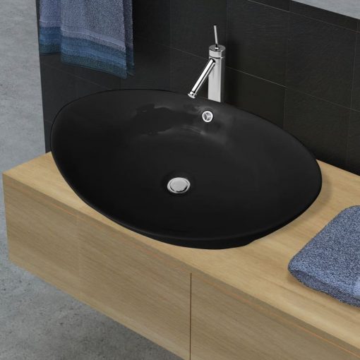 Črni Luksuzni Keramični Umivalnik Ovalni z Izlivanjem 59 x 38