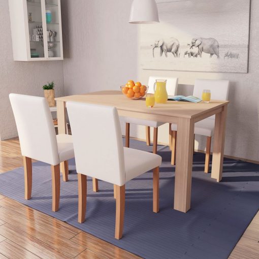 Jedilna miza in stoli 5 delni komplet umetno usnje hrast krem
