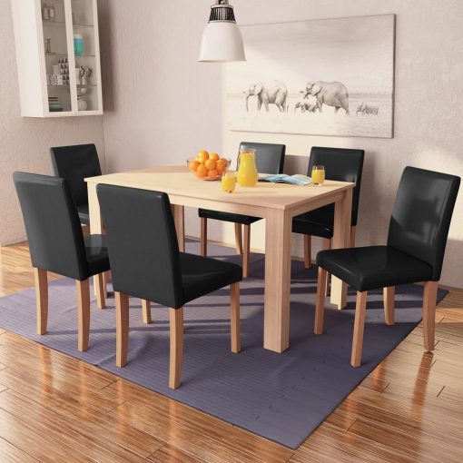 Jedilna miza in stoli 7 delni komplet umetno usnje hrast črn