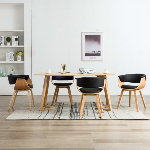 Jedilni stoli 4 kosi črni ukrivljen les in umetno usnje