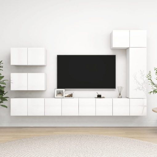 Komplet TV omaric 8-delni visok sijaj bela iverna plošča