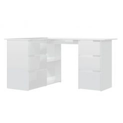 Kotna pisalna miza visok sijaj bela 145x100x76 cm iverna plošča