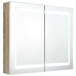 LED kopalniška omarica z ogledalom bela in hrast 80x12x68 cm