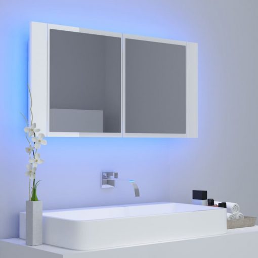 LED kopalniška omarica z ogledalom visok sijaj bela 90x12x45 cm
