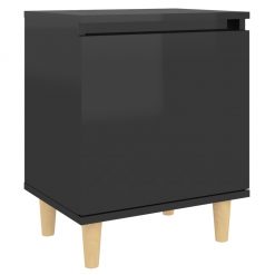 Nočna omarica z lesenimi nogami visok sijaj črna 40x30x50 cm