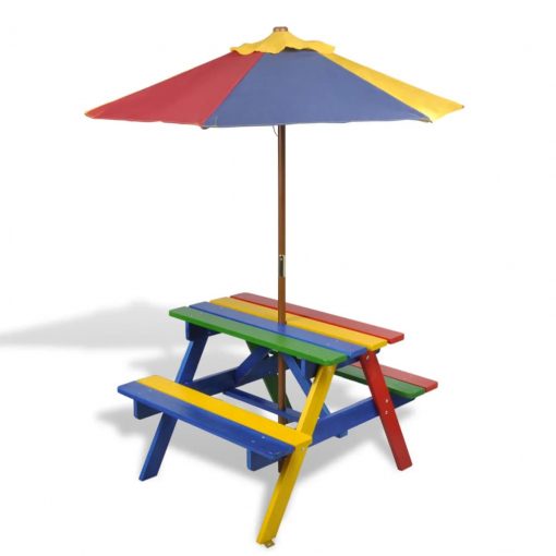 Otroška piknik miza s klopmi in senčnikom večbarven les