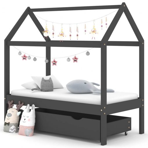 Otroški posteljni okvir s predalom temno siva borovina 70x140cm