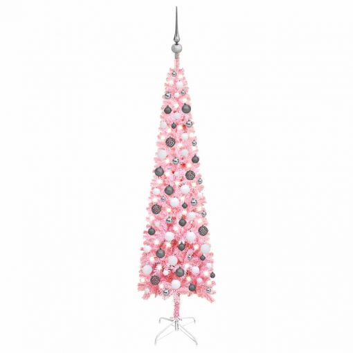 Ozka novoletna jelka z LED lučkami in bučkami roza 150 cm