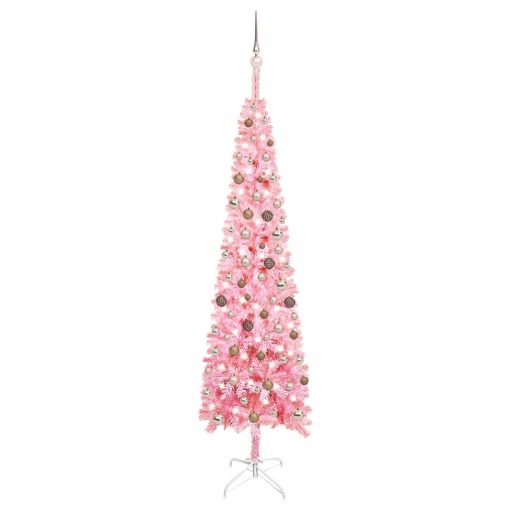 Ozka novoletna jelka z LED lučkami in bučkami roza 240 cm