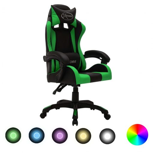 Racing stol z RGB LED lučkami zeleno in črno umetno usnje
