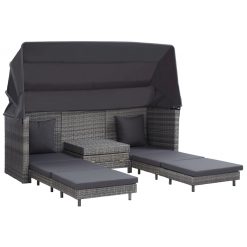 Raztegljiv kavč trosed z ležiščem in streho poli ratan siv