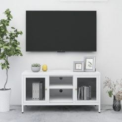 TV omarica bela 105x35x52 cm jeklo in steklo