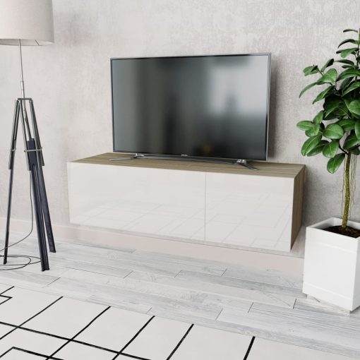 TV omarica iverna plošča 120x40x34 cm visok sijaj bela in hrast