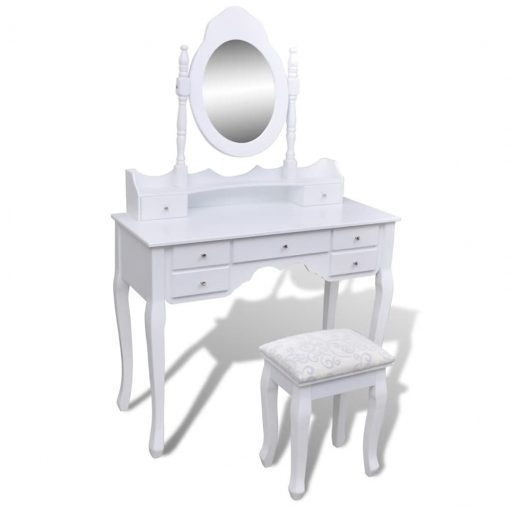Toaletna miza z ogledalom in stolčkom 7 predalov bela