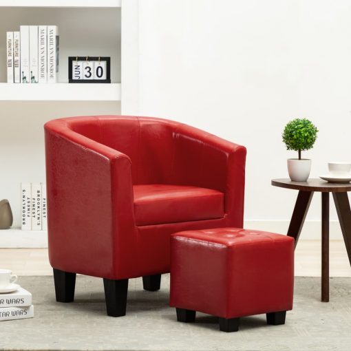 Tubast stol s stolčkom za noge iz rdečega umetnega usnja