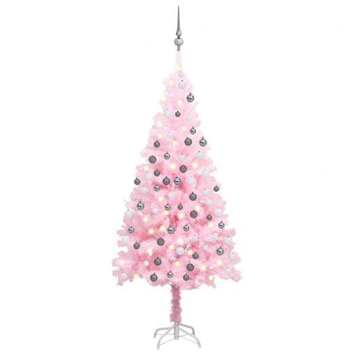 Umetna novoletna jelka z LED lučkami in bučkami roza 150 cm
