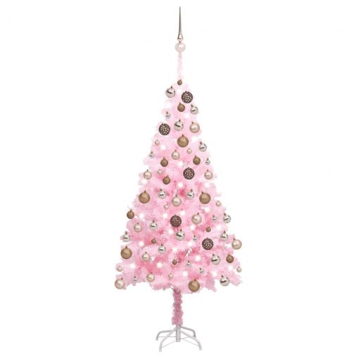 Umetna novoletna jelka z LED lučkami in bučkami roza 180 cm