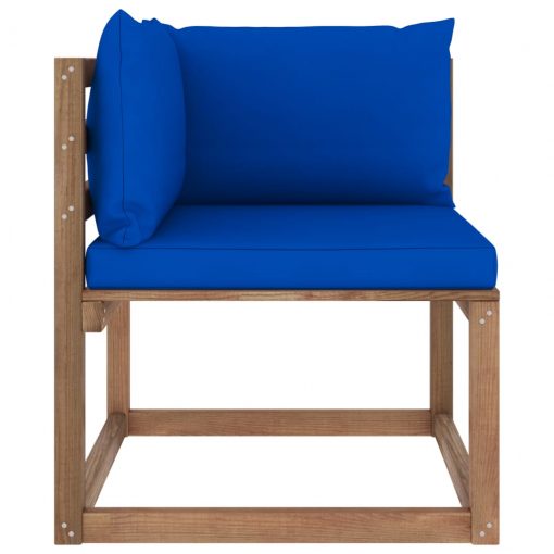 Vrtni kotni kavč iz palet z modrimi blazinami