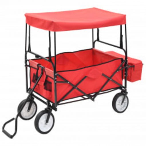Zložljiv ročni voziček s streho jeklen rdeč
