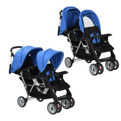 Dvojni otroški voziček jeklen modre in črne barve