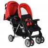 Dvojni otroški voziček jeklen rdeče in črne barve