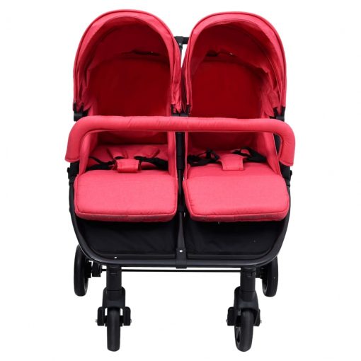 Otroški voziček za dvojčke rdeč in črn jeklen