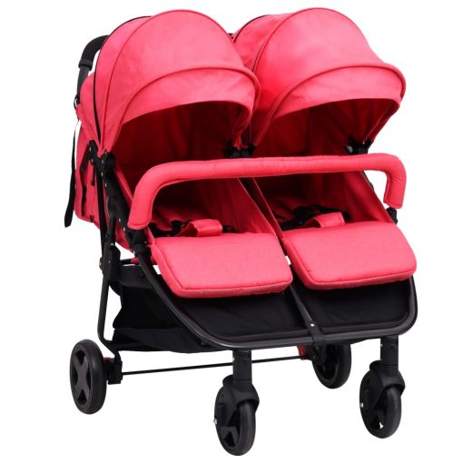Otroški voziček za dvojčke rdeč in črn jeklen