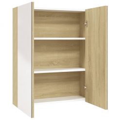 Kopalniška omarica z ogledalom 60x15x75 cm MDF bela in hrast