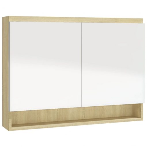 Kopalniška omarica z ogledalom 80x15x60 cm MDF bela in hrast