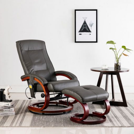 Masažni fotelj s stolčkom za noge siv iz umetnega usnja