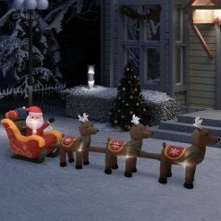 Napihljiva božična dekoracija Božiček z jeleni LED 490 cm
