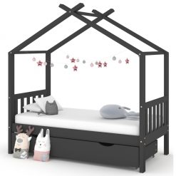 Otroški posteljni okvir s predalom temno siva borovina 80x160cm