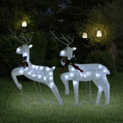 Božični severni jeleni 2 kosa beli 40 LED akril
