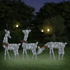 Družina božičnih jelenov 270x7x90 cm srebrna hladno bela mreža