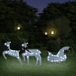 Severni jelen in sani božični okras 60 LED zunanji bele barve