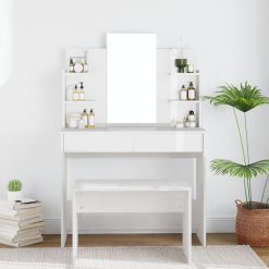 Toaletna mizica z ogledalom visok sijaj bela 96x40x142 cm