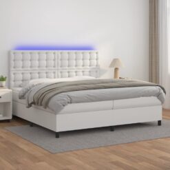 Box spring postelja z vzmetnico LED bela 200x200cm umetno usnje