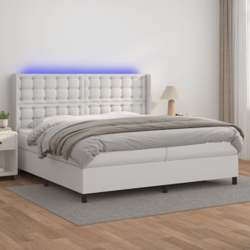 Box spring postelja z vzmetnico LED bela 200x200cm umetno usnje