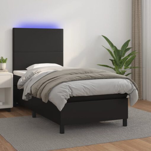 Box spring postelja z vzmetnico LED črn 90x190 cm umetno usnje