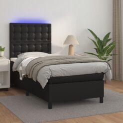 Box spring postelja z vzmetnico LED črn 90x190 cm umetno usnje