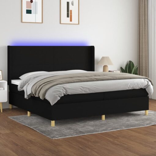 Box spring postelja z vzmetnico LED črna 200x200 cm blago