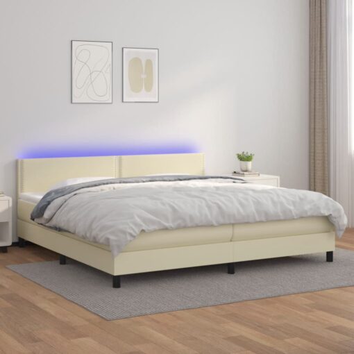 Box spring postelja z vzmetnico LED krem 200x200cm umetno usnje