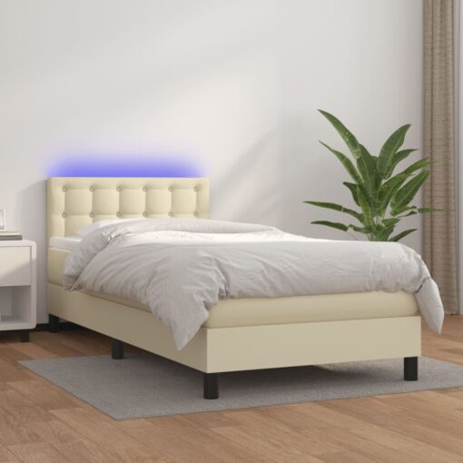 Box spring postelja z vzmetnico LED krem 90x200 cm umetno usnje