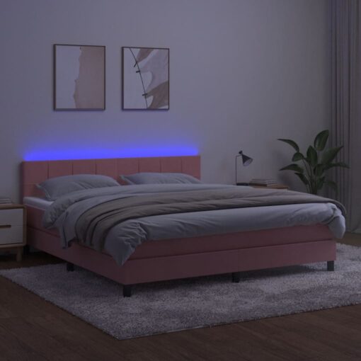 Box spring postelja z vzmetnico LED roza 180x200 cm žamet - Image 4