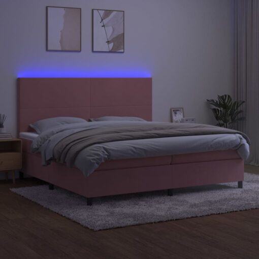 Box spring postelja z vzmetnico LED roza 200x200 cm žamet - Image 4