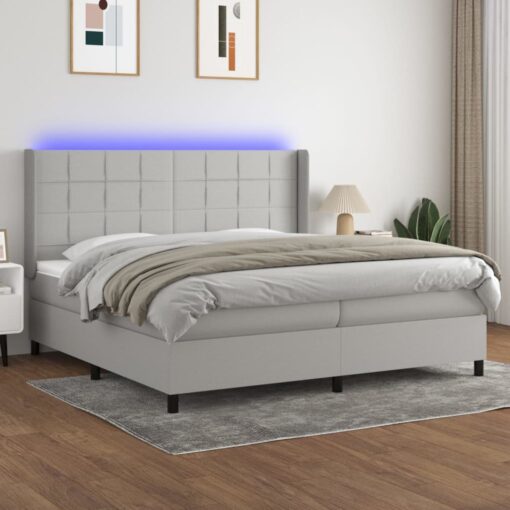 Box spring postelja z vzmetnico LED sv. siva 200x200 cm blago