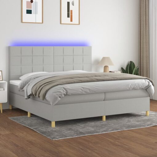 Box spring postelja z vzmetnico LED sv. siva 200x200 cm blago