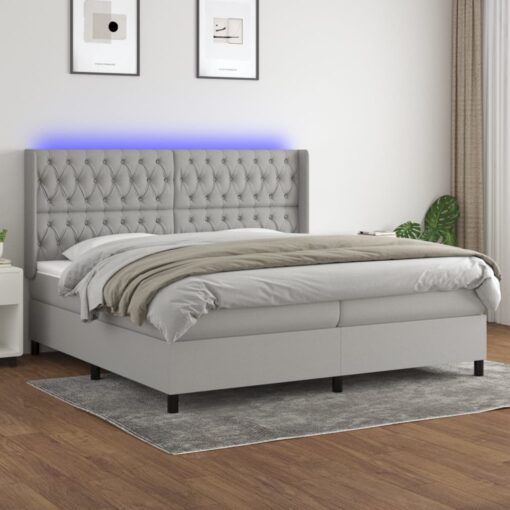Box spring postelja z vzmetnico LED sv. siva 200x200 cm blago
