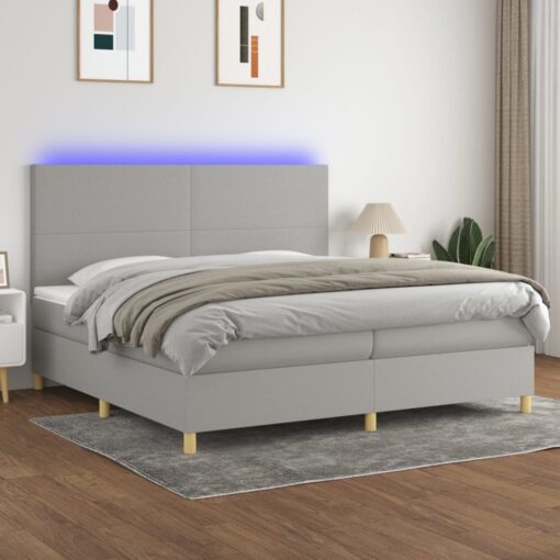 Box spring postelja z vzmetnico LED sv. siva 200x200 cm blago