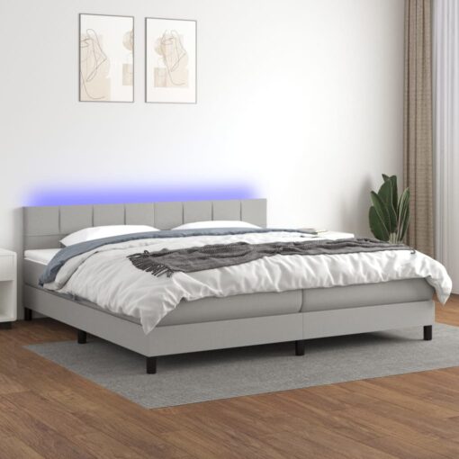 Box spring postelja z vzmetnico LED sv. siva 200x200 cm blago